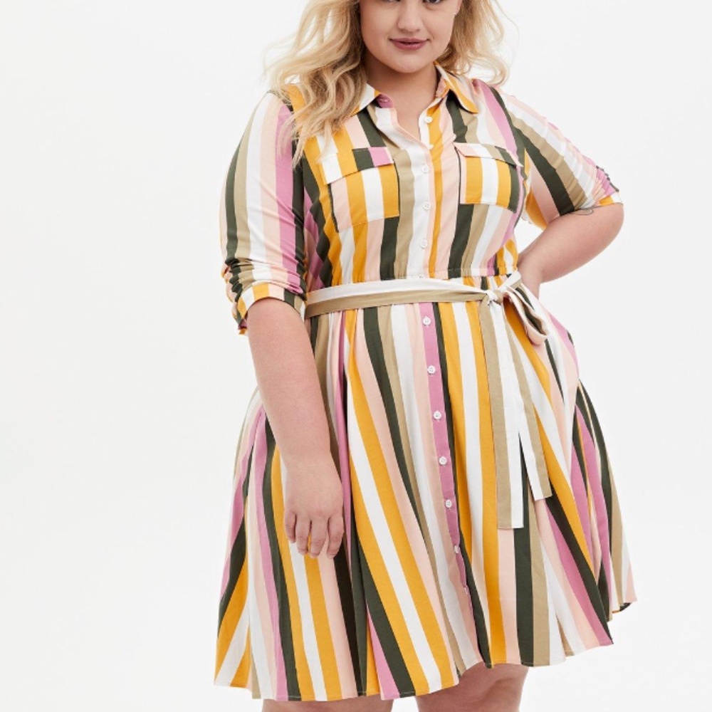 Multi Stripe Stretch Challis Shirt Dress w/pockets